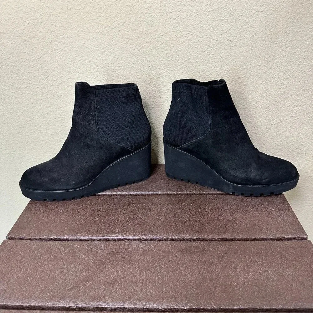 EILEEN FISHER Stretch Side Black Suede Wedge Booties - 8.5